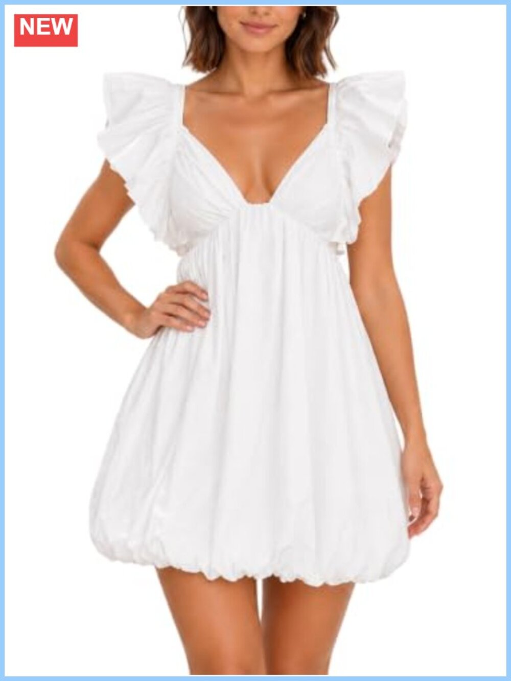 Mini Dress Deep V-Neck Babydoll Backless Lace Up Short Summer Dress